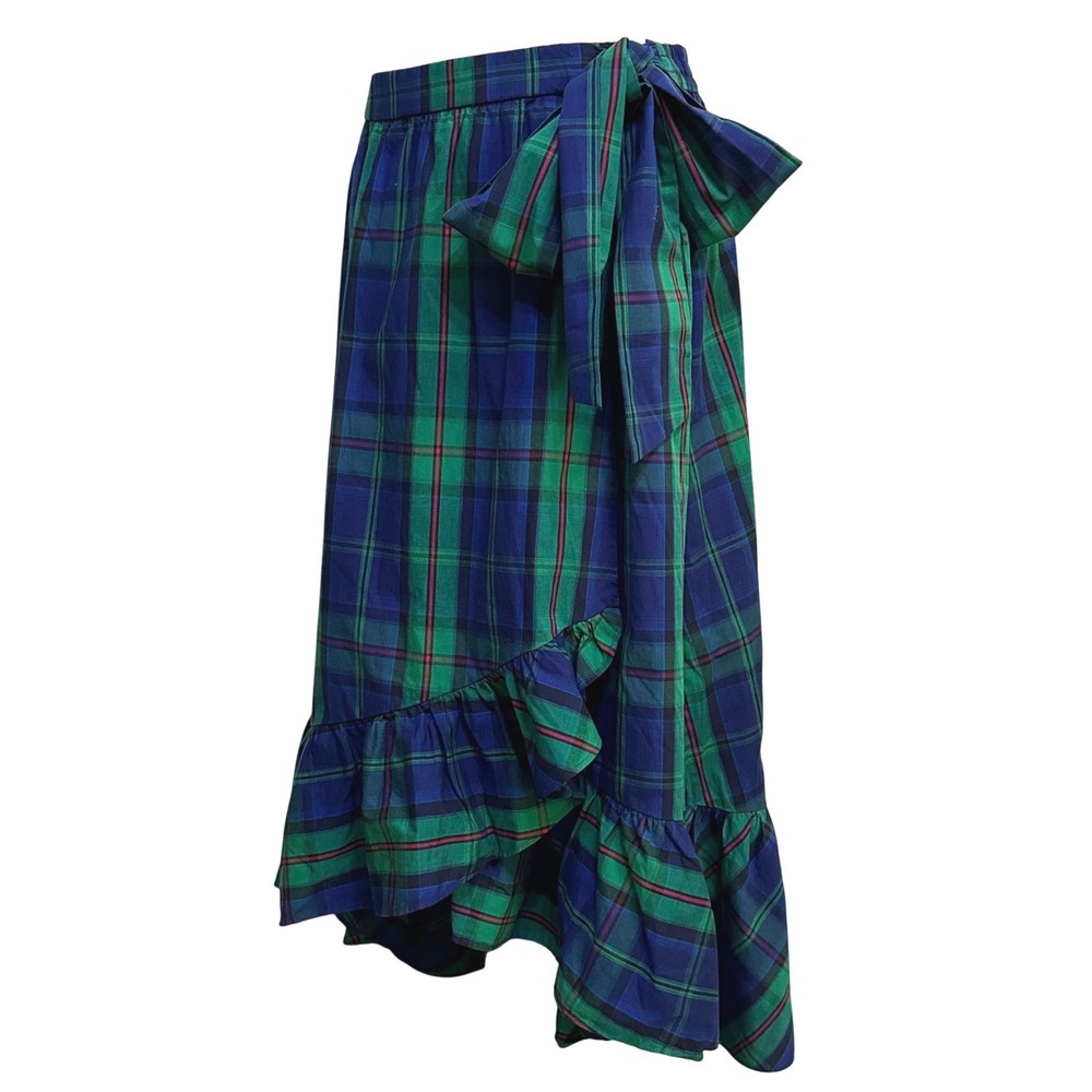J.Crew Ruffle Midi Skirt M Faux Wrap Tie Waist High Low Tartan Plaid Preppy Twee
